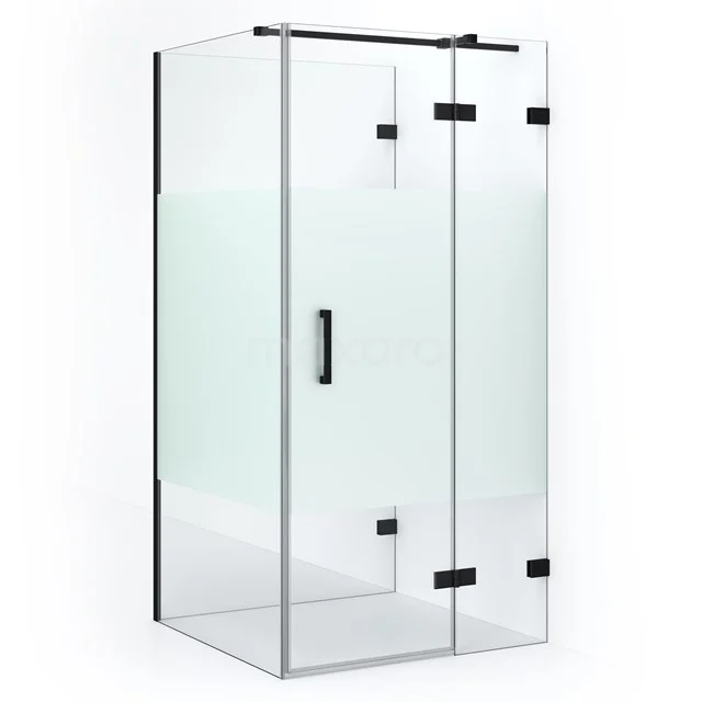 Glass shower enclosure with frosted glass, black profile and sliding door, ideal for a modern bathroom style.