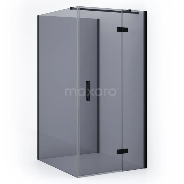 Matte black corner shower cabin with clear glass and hinged door, perfect for a modern bathroom style.