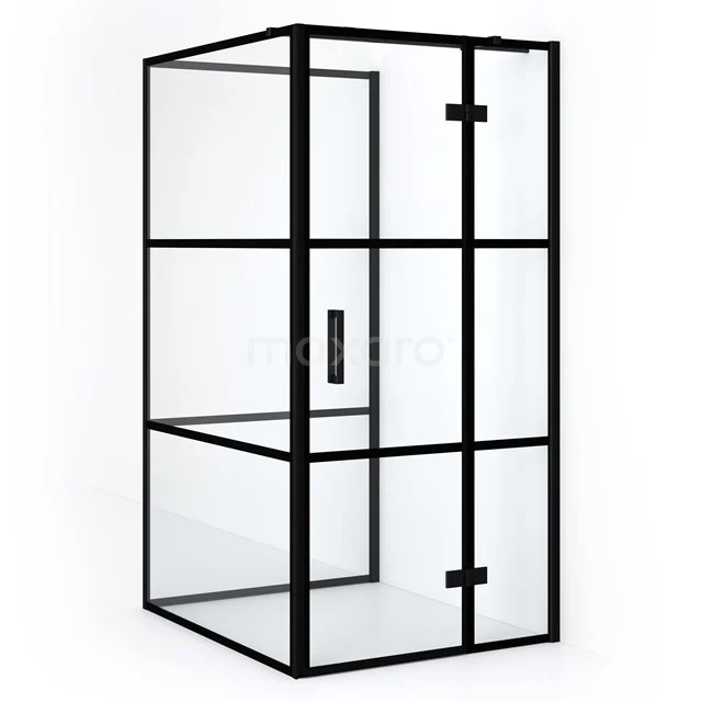 Shower enclosure with black frame, industrial style, glass walls, perfect for modern bathroom design.