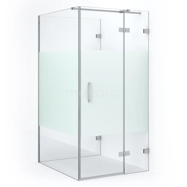 Glass shower enclosure with frosted glass details, chrome hinges and sleek design, perfect for a modern bathroom.