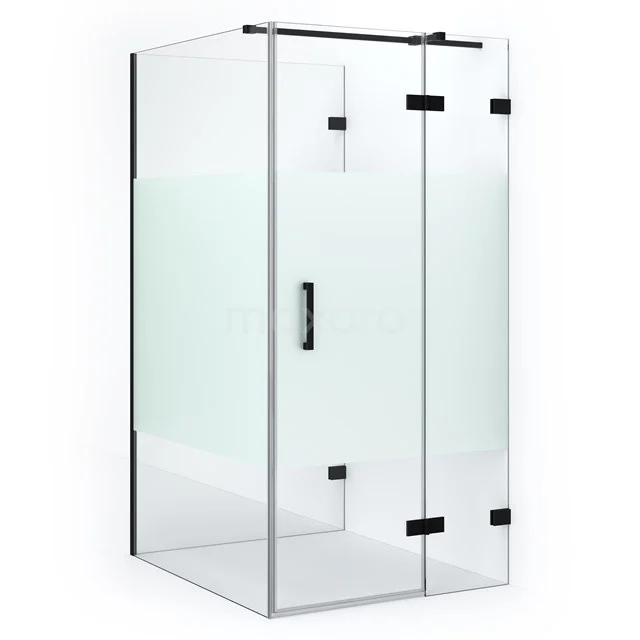 Glass shower enclosure with matte white details, sleek design and black accents, ideal for a modern bathroom style.