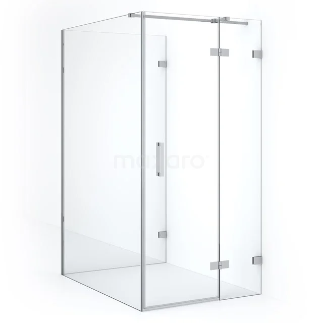 Glass shower enclosure with corner step, clear glass, metal hinges and sleek design, ideal for a modern bathroom.