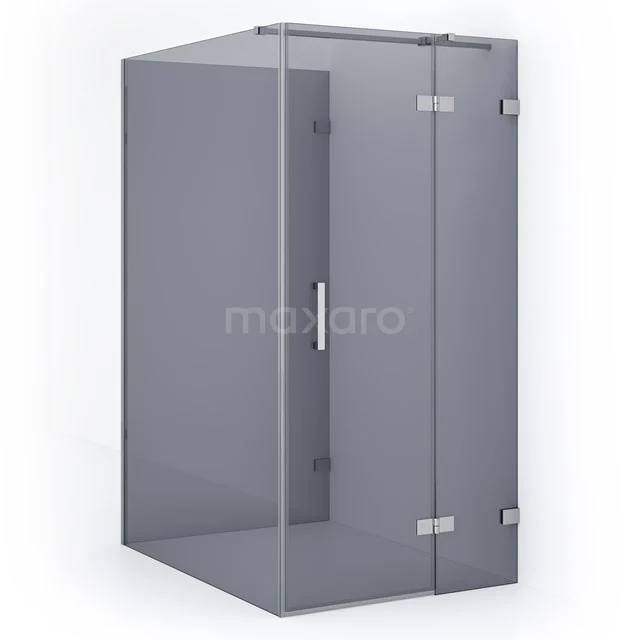 Shower enclosure with corner step, grey tone, stainless steel hinges, ideal for modern bathroom design.