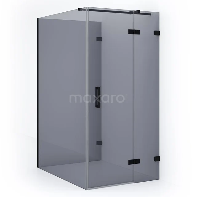Shower enclosure with black profiles, tempered glass and hinged doors, perfect for a modern bathroom.