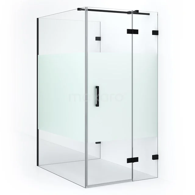 Modern glass shower enclosure with matte black frame, clear and frosted glass panels, perfect for a stylish bathroom.