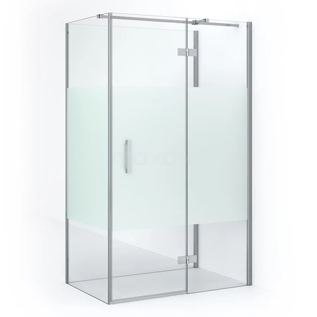 Rectangular glass shower enclosure with frosted glass details, silver frame and pivot door, ideal for a modern bathroom.