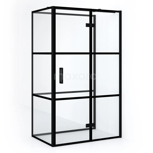 Black steel shower enclosure with clear glass and industrial design, ideal for a modern bathroom.