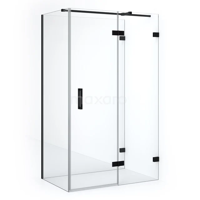 Stylish glass shower enclosure with matte black details, ideal for a modern bathroom.