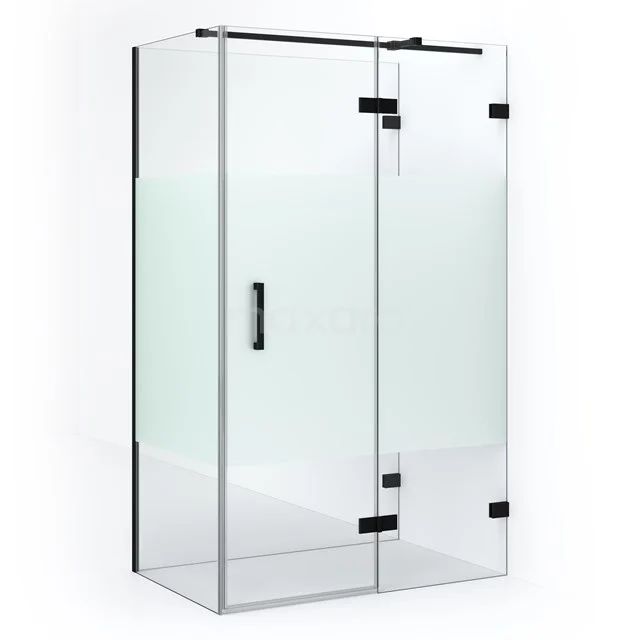 Diamond Shower cabin | 110x80 cm Matte black Clear with matt strip Pivot door Semi-detached rectangle CDF22560811323MB Shower enclosure with matte black frame, clear glass with partly frosted glass, sleek design, ideal for a modern bathroom.