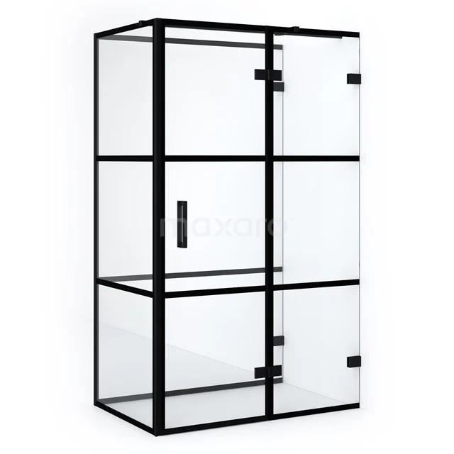 Diamond Shower cabin | 120x80 cm Matte black Clear with 4 black stripes Pivot door Semi-detached rectangle CDF22660812328MB Matte black shower enclosure with clear glass and metal frame, modern design, ideal as a stylish bathroom addition.