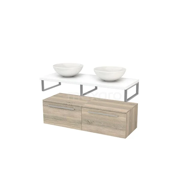 Modern washbasin set with wood-look base cabinet, white top and double round bowls; stylish for any bathroom.