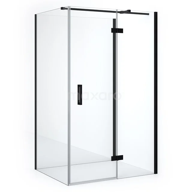 Modern shower enclosure with clear glass, black frosted glass profiles and sliding door, ideal for a stylish bathroom.