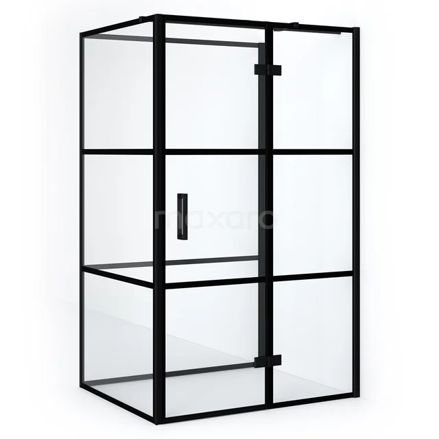 Black industrial shower enclosure with frosted glass panels and matte black profiles, ideal for a modern bathroom style.