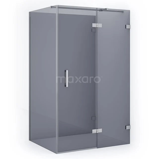 Grey glass shower enclosure, corner model with sliding door, stainless steel details for a modern bathroom.
