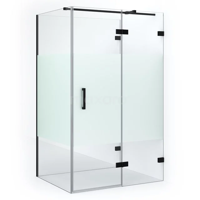 Glas Duschkabine mit Mattglas und Schwarz Akzenten, modernes Design; ideal für ein stilvolles Badezimmerupgrade.