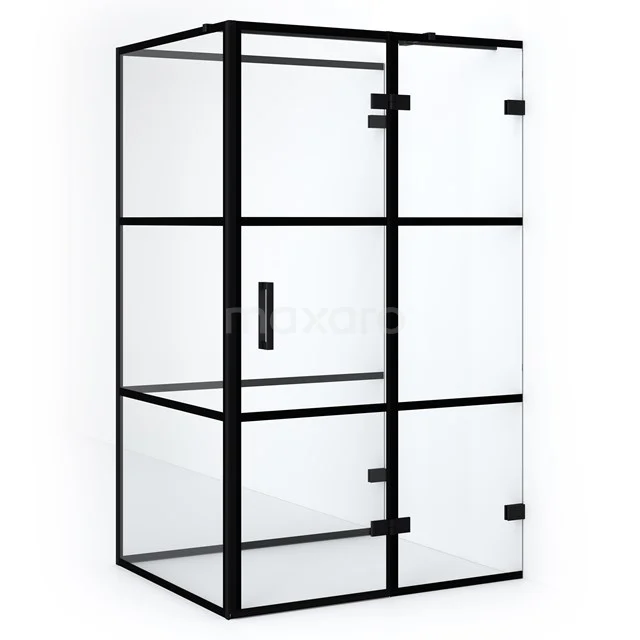 Black aluminium shower enclosure with clear glass, industrial design, perfect for a modern bathroom style.