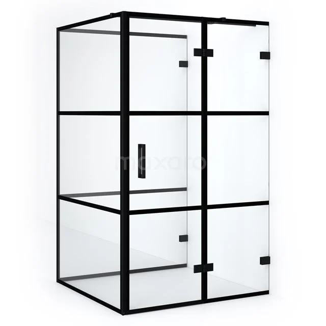 Schwarze Duschkabine mit matt schwarzen Profilen, Glaswänden und Drehtür, perfekt für einen modernen Badezimmerstil.