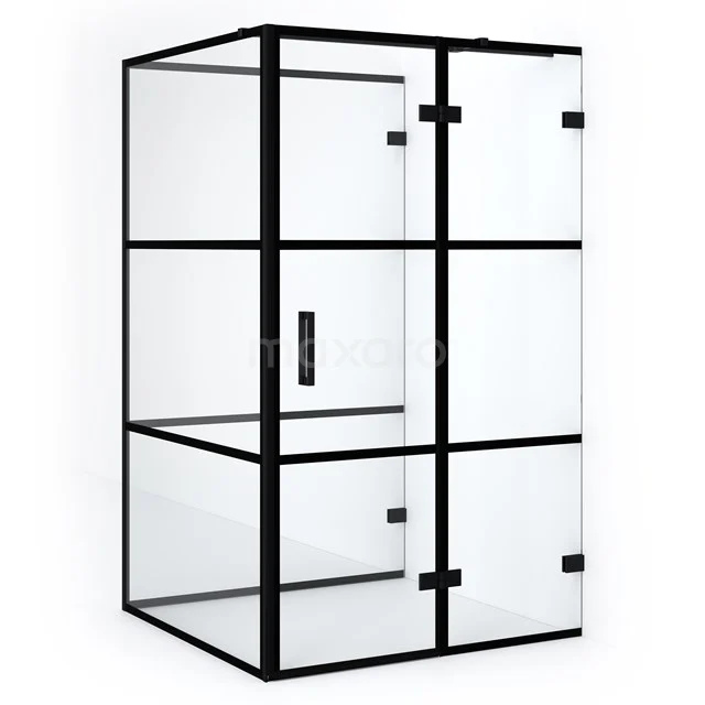Schwarze Duschkabine mit matt schwarzen Profilen, Glaswänden und Drehtür, perfekt für einen modernen Badezimmerstil.