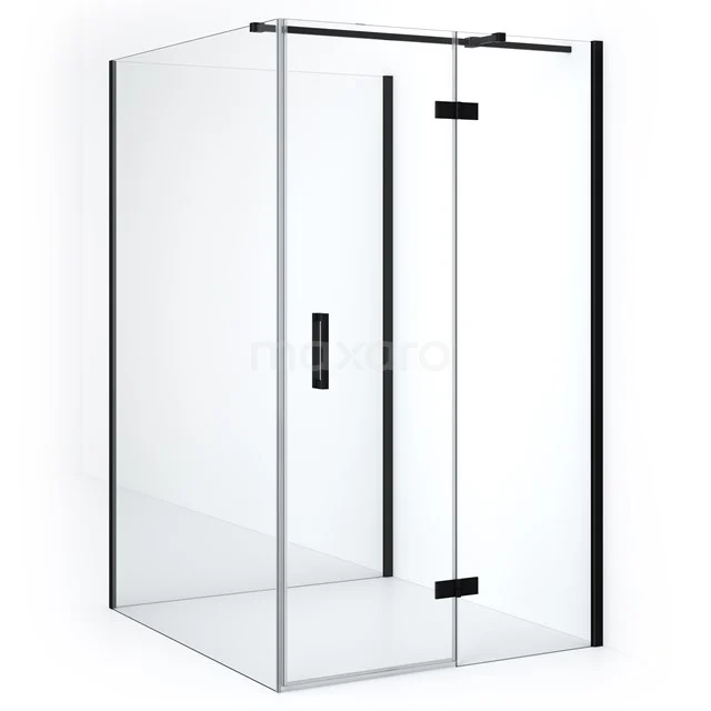 Diamond Shower cabin | 140x110 cm Matte black Clear glass Pivot door Semi-detached rectangle CDF22561411310MB Modern glass shower enclosure with black aluminium profiles, sliding door and sleek design for a stylish bathroom.