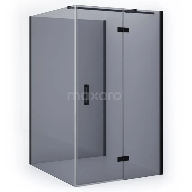 Corner shower cabin with matt black frame, clear glass doors and modern design, ideal for stylish bathroom decor.