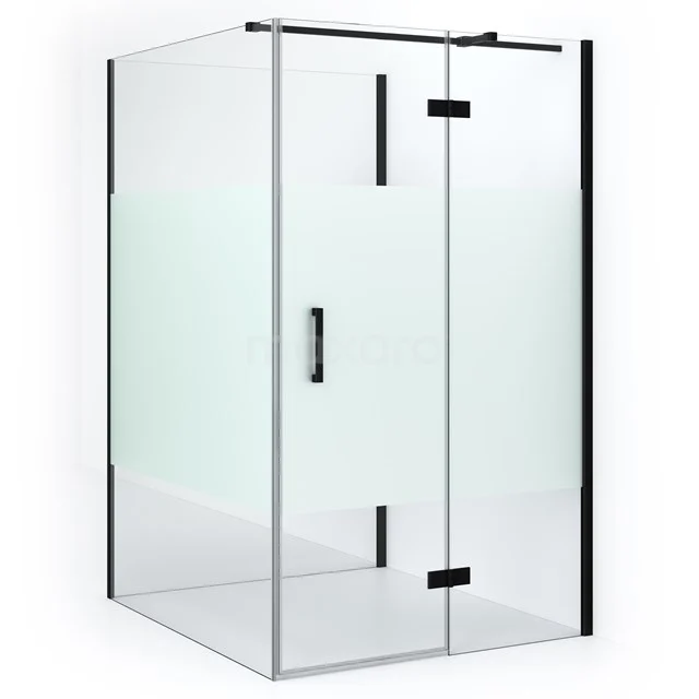 Corner shower cabin with clear glass, black accents and modern hinges; stylish addition to any bathroom.