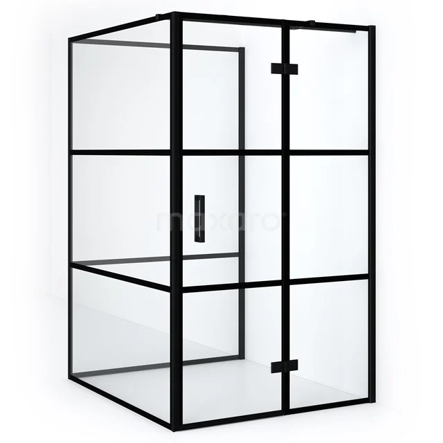 Black industrial shower enclosure with clear glass and black metal frame, perfect for a modern bathroom style.