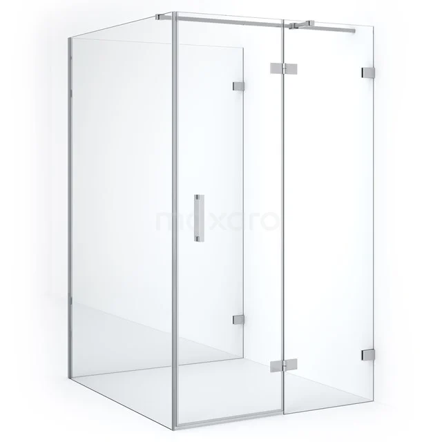 Glass shower enclosure with chrome accents and pivot door, minimalist design for stylish bathroom design.