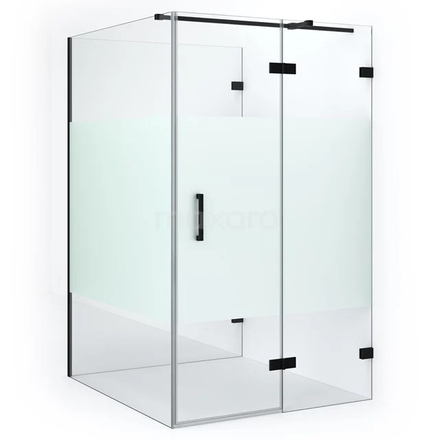Glass shower enclosure with frosted glass and black hinges, modern design for stylish and practical bathroom fittings.