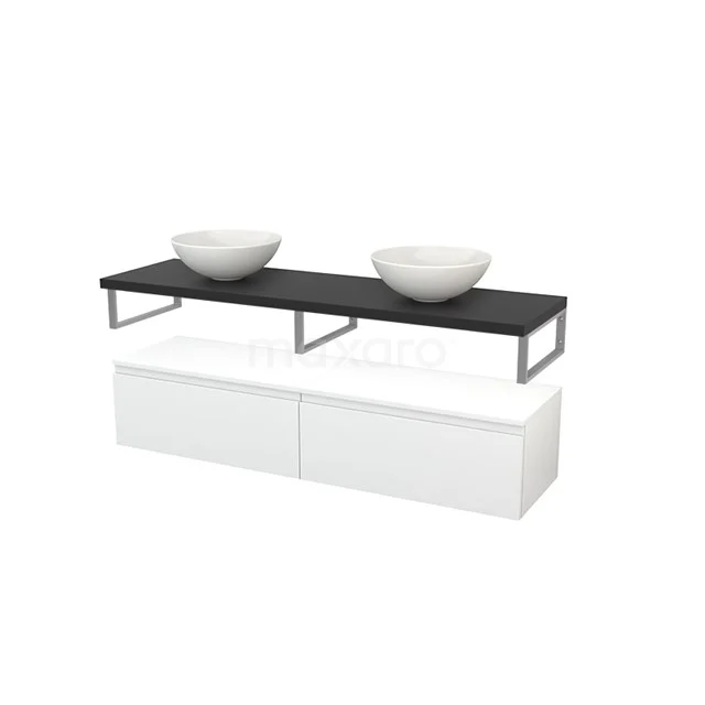 Modulo+ Plato Vanity units for countertop basin | 160 cm High-gloss white Handle-less front Carbon worktop Low floating BMR000300 Modern bathroom furniture set with black wooden worktop, double white countertop wash basins and metal frame. Perfect for a stylish bathroom.