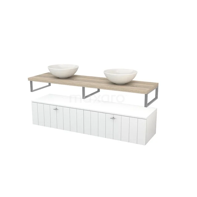 White bathroom unit with wood-look shelf, two round basins and metal frame; modern design for a stylish bathroom.