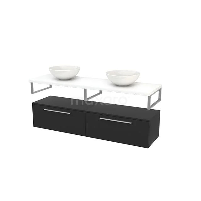 Low Bathroom cabinet with Basin worktop 160x35cm Modulo+ Plato Carbon Flat BMR000305 Black bathroom furniture set with white countertop wash basin worktops, two round basin worktops and modern stainless steel frame, ideal for a modern bathroom.