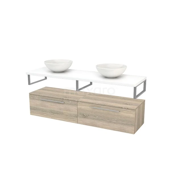 Low Bathroom cabinet with Basin worktop 160x35cm Modulo+ Plato Oak Flat BMR000309 Wooden bathroom unit with double basin, white ceramic, minimalist design and floating model.