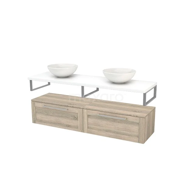 Low Bathroom cabinet with Basin worktop 160x35cm Modulo+ Plato Oak Frame BMR000310 Bathroom unit wood-look with double basin, white worktop and ceramic bowls, modern design for stylish bathrooms.