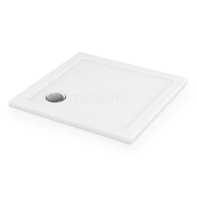 Weiße, quadratische Duschwanne mit minimalistischem Design und integriertem Abfluss für einen modernen Badezimmerstil.