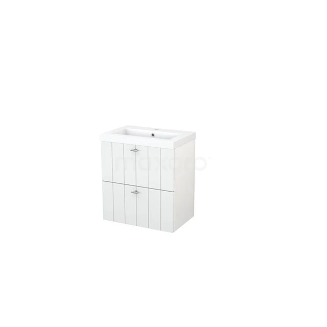 White wooden bathroom unit with two drawers, vertical panel design, including ceramic basin. Perfect for a stylish bathroom.