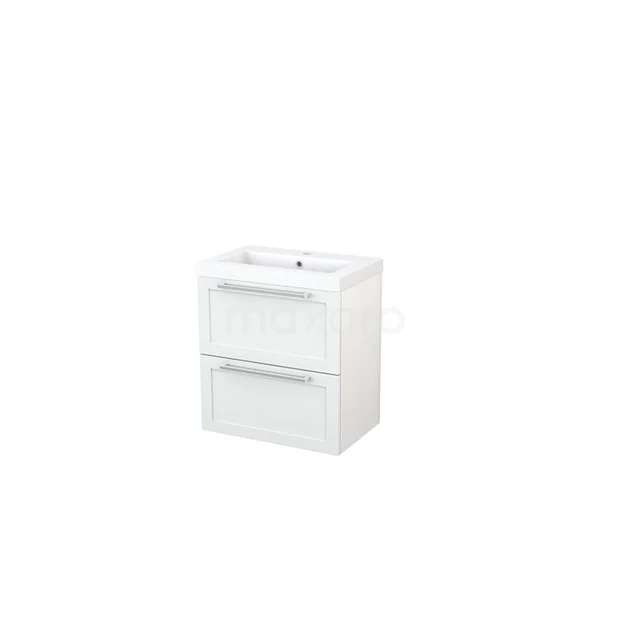 Weißes Badezimmermöbel mit zwei Schubladen, keramischem Waschbecken und modernem Design. Ideal für moderne Bäder.