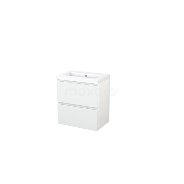 Weißes Badezimmermöbel mit zwei Schubladen, schlankem Design und integriertem Waschbecken, perfekt für moderne Badezimmerstile.