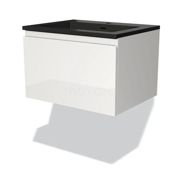White floating bathroom unit with black vanity units with basin, modern design, soft-close drawer, ideal for compact bathrooms.