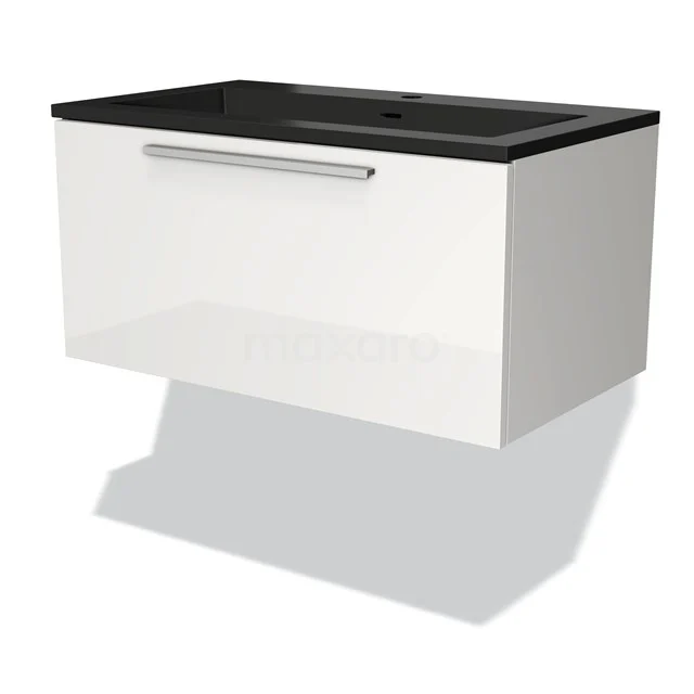 Weiße hängende Badschrank mit schwarzem Waschbecken, glänzender Oberfläche und metallischem Haltegriff. Perfekt für moderne Bäder.