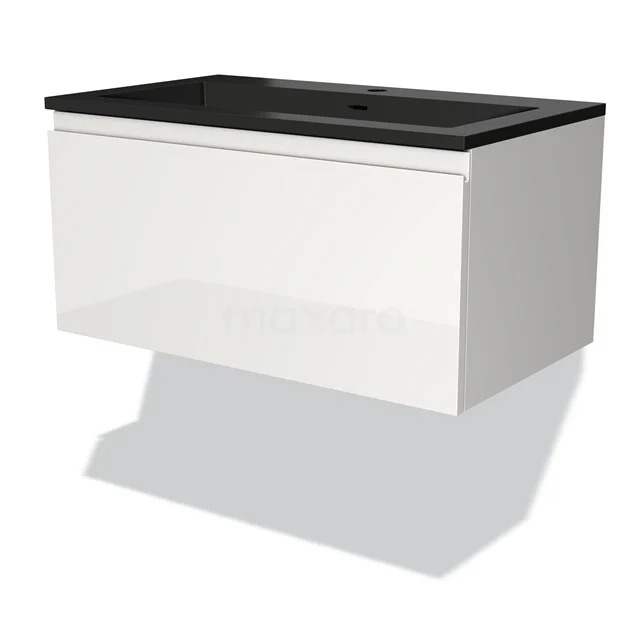 Weiße schwebende Badmöbel mit schwarzer Waschtischplatte, moderne Ausführung, ideal für ein stilvolles und praktisches Badezimmer.