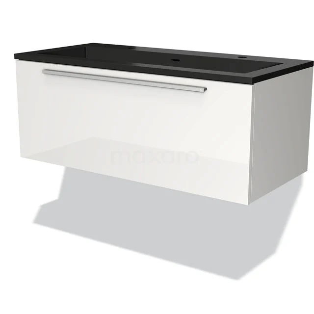 White floating bathroom unit with black basin worktop and chrome handle, modern design from premium collection.