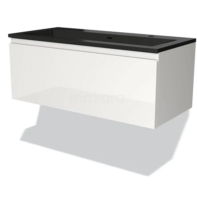 White hanging bathroom unit with black vanity units with basin, sleek design, ideal for modern bathrooms.