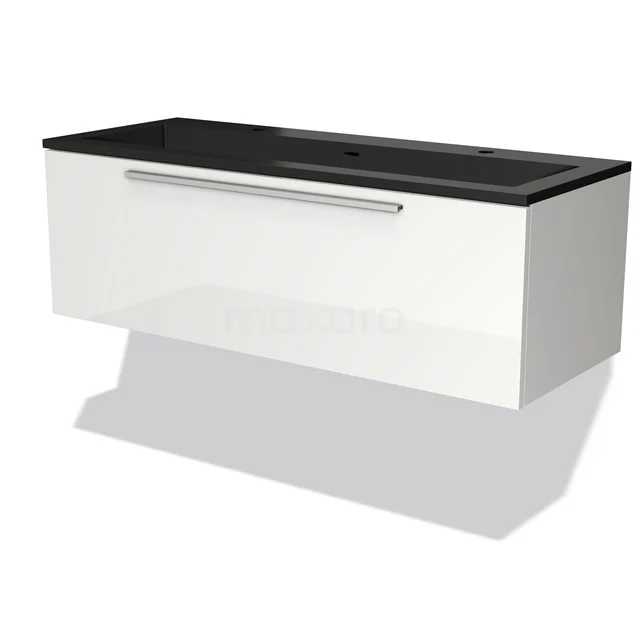 White floating bathroom unit with black vanity units with basin, minimalist design, ideal for modern bathrooms.