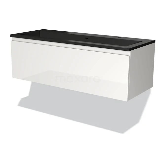 White hanging bathroom unit with black basin worktop, sleek design, ideal storage space for modern bathrooms.