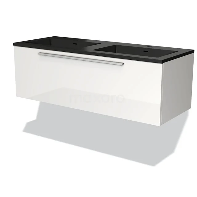 White bathroom cabinet with black basin worktop, minimalist design, fitted with double sink and black metal handle.