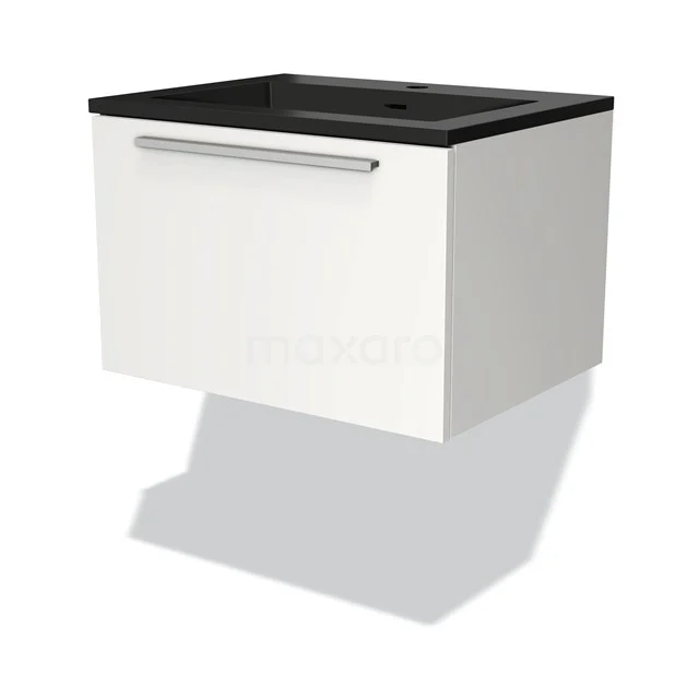 White floating bathroom unit with black basin worktop, featuring metal handle and modern design.