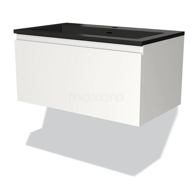 Modulo Bathroom furniture with sink | 80 cm Matte white Handle-less front Quartz 1 drawer BMW11-03618 White wall cabinet with black basin worktop, modern design, ideal for stylish bathroom design.