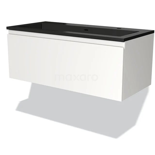 White vanity units with basin in black, sleek design, floating model, ideal for modern bathroom design.