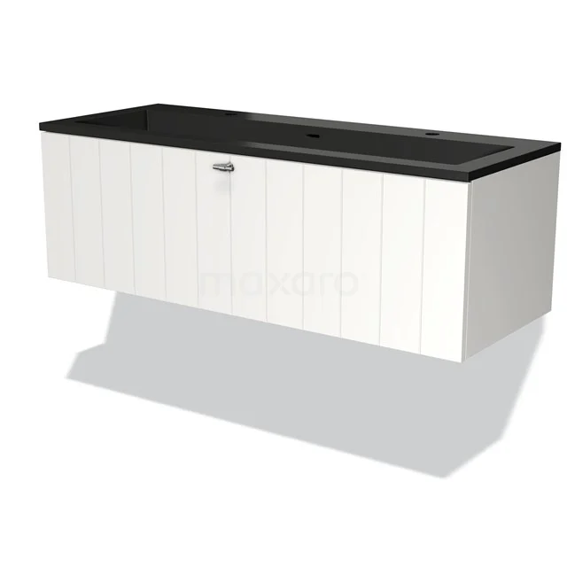 Weißes hängendes Badmöbel mit schwarzem Waschbecken, modernes Design, horizontale Paneele, ideal für stilvolle Bäder.