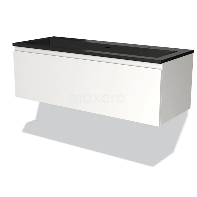 Modulo Vanity units with basin | 120 cm Matte white Handle-less front Quartz 1 drawer BMW11-03624 White hanging bathroom unit with black vanity units with basin, sleek design, ideal for modern bathrooms.
